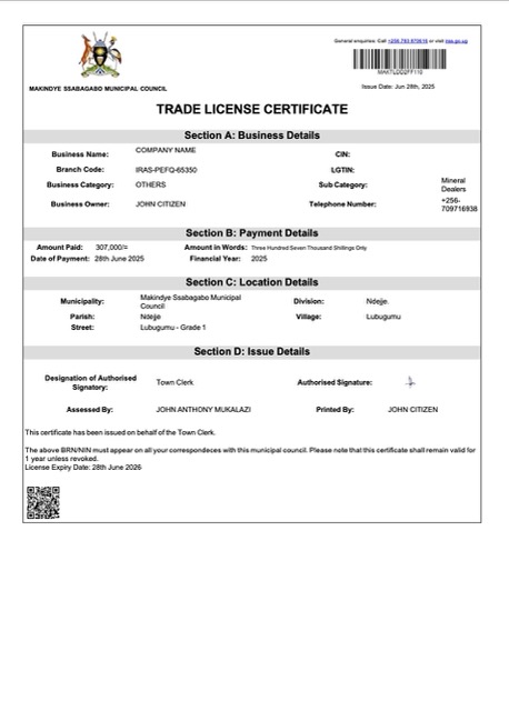 Download Uganda Makindye trade license certificate Word and PDF template Photoshop template